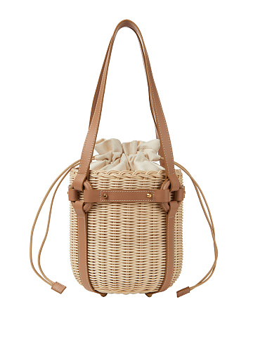 Brown Leather Trimmed Straw Bucket Bag, 1