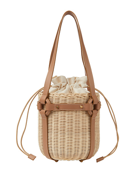 Brown Leather Trimmed Straw Bucket Bag, 1