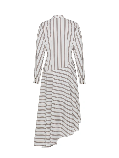White Striped Cotton Asymmetric Midi Dress, 2