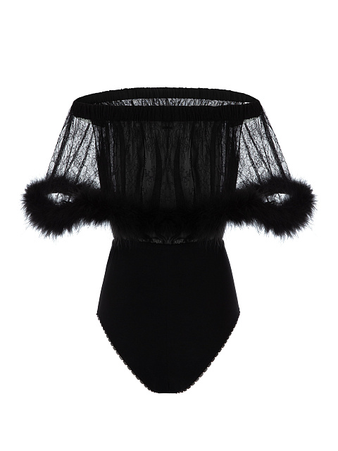 Black lace bodysuit with boa, 2