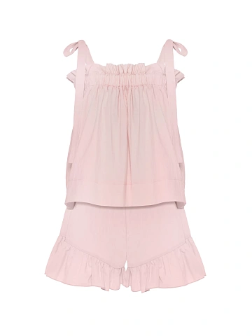 Pink set with tie-front top and ruffled shorts, 1