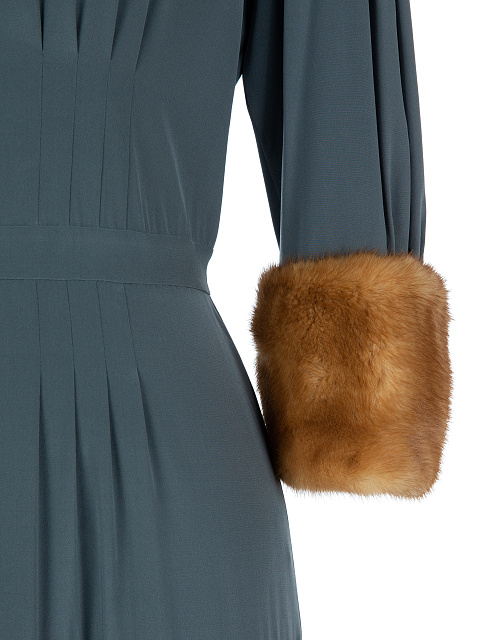 Dark Grey Silk Mink Fur Trim Midi Dress, 3