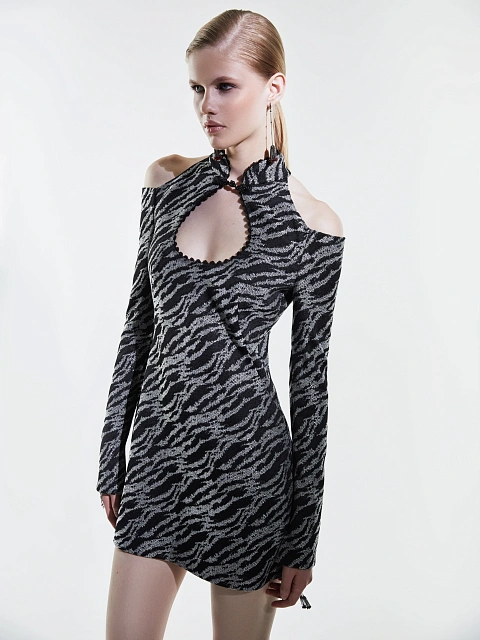 Black Open Shoulders Jacquard Mini Dress, 2