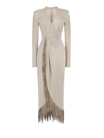 Beige Lurex Jersey Fringed Wrap Dress, 1