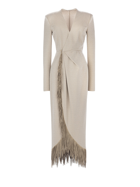 Beige Lurex Jersey Fringed Wrap Dress, 1