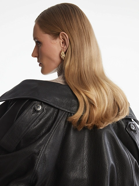 Black Textured Leather Trench Coat, 13
