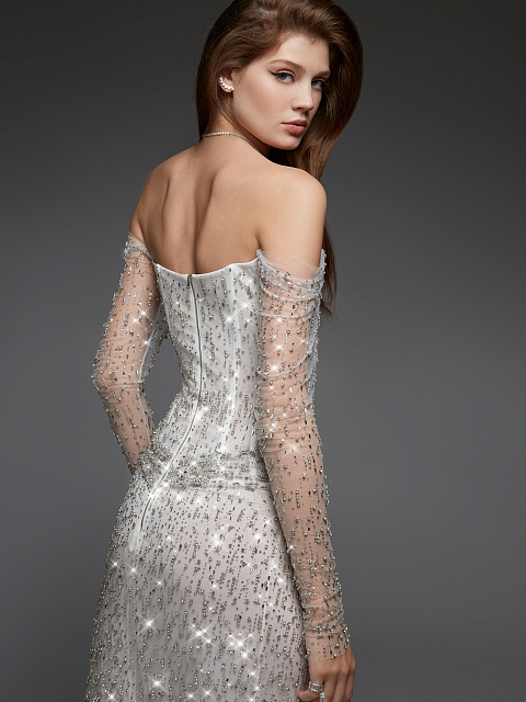 Swarovski Crystals Embellished White Mesh Corset Dress, 9