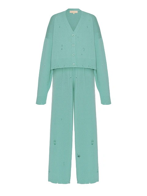 Turquoise Knitted Cardigan, Top & Pants Set, 2