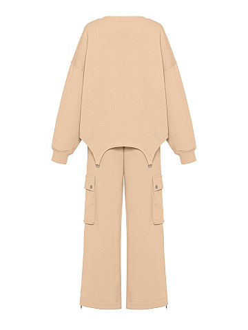 Beige Jersey Cargo Pants Suit, 2
