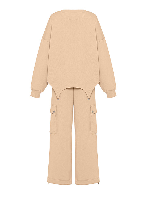 Beige Jersey Cargo Pants Suit, 2