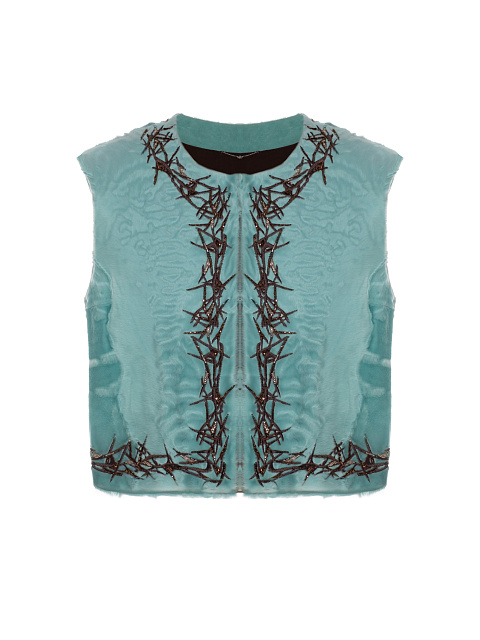 Turquiose Embroidered Fur Vest, 1