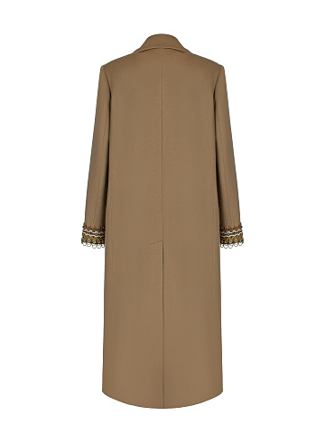 Beige Double-Breasted Embroidered Wool Coat, 2