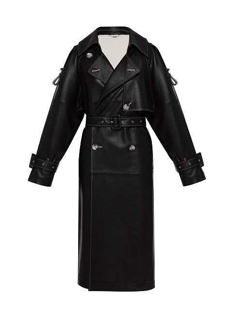 Black Leather & White Mink Fur Lining Trench Coat, 4