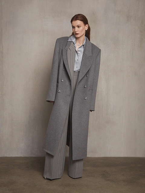 Grey Striped Double-breasted Coat, 4