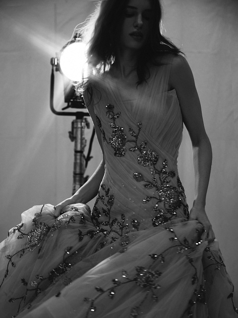 Beige Asymmetric Embroidered Mesh Maxi Dress, 10