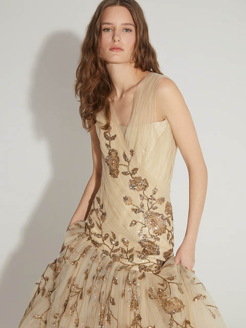 Beige Asymmetric Embroidered Mesh Maxi Dress, 8