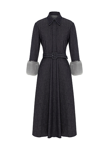 Black Denim Shirt Dress with Fur Cuffs, 1