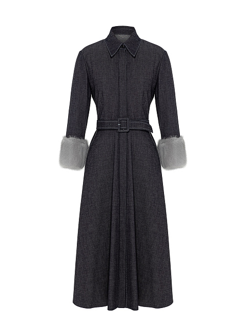 Black Denim Shirt Dress with Fur Cuffs, 1