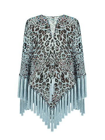 Blue Leopard Print Fringed Poncho, 1