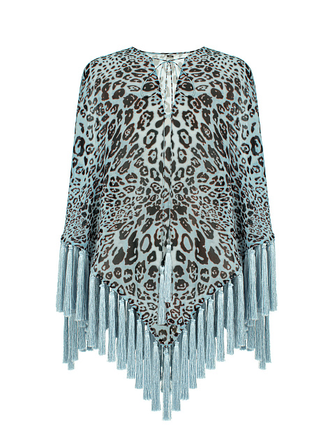 Blue Leopard Print Fringed Poncho, 1