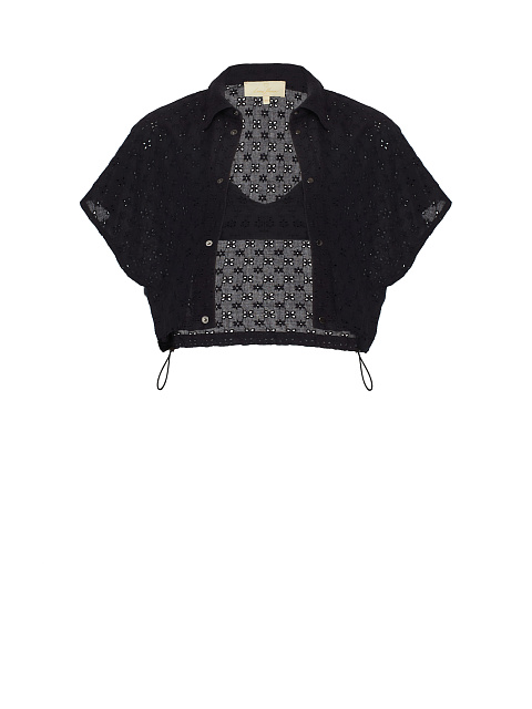 Black Cotton Lace Set Of Bra & Cropped Shirt, 1