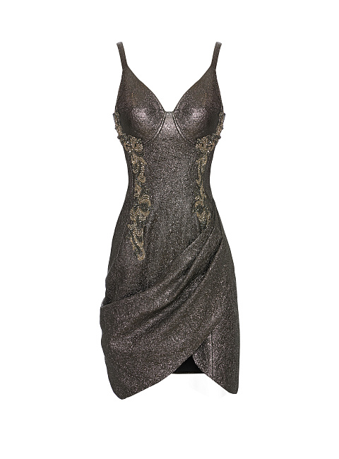 Embroidered Metallic Leather Mini Dress, 1