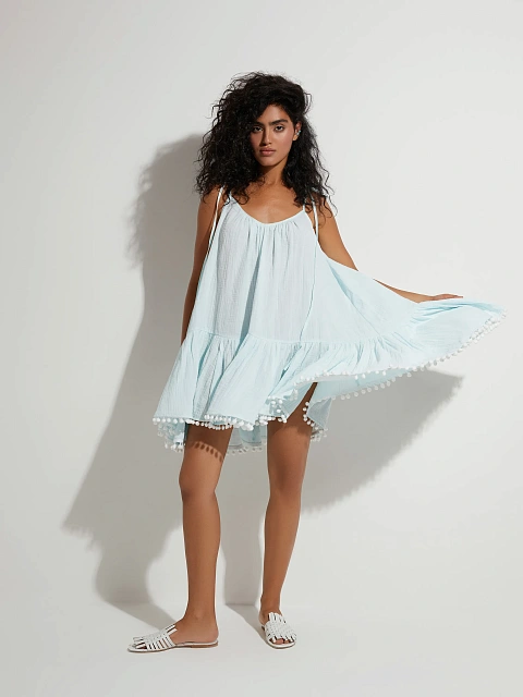 Light Blue Open Back Muslin Mini Dress, 6