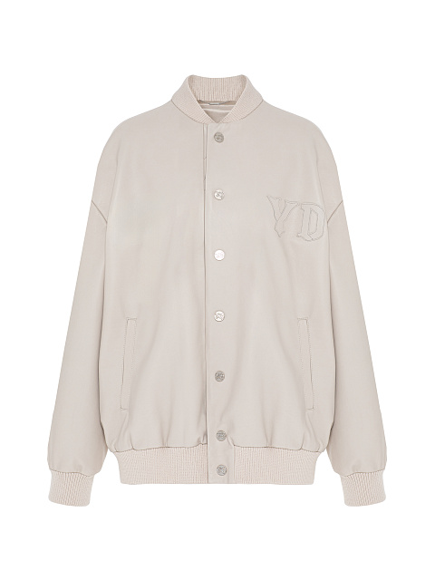 Light Beige Oversized Leather Bomber Jacket, 1