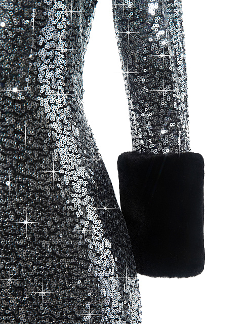 Silver Sequin Lace & Mink Fur Trim Midi Dress, 3