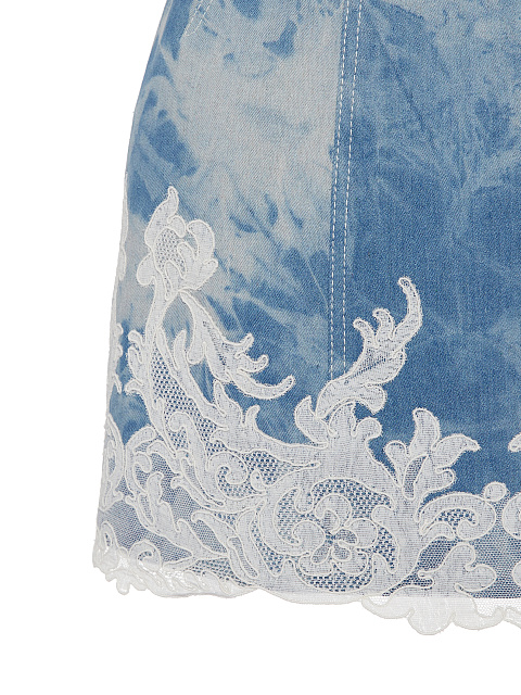 Blue Lace Trim Denim Mini Dress With Puffs, 4