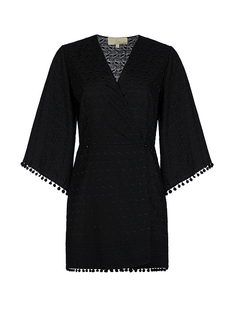Black Cotton Lace Wrap Mini Dress, 1