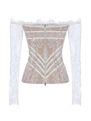 White Rhinestones Lace Longsleeve Top, 2