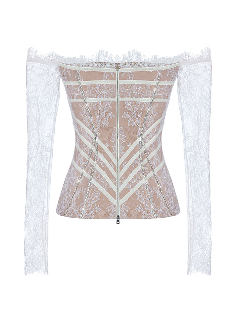 White Rhinestones Lace Longsleeve Top, 2 White Rhinestones Lace Longsleeve Top, 2