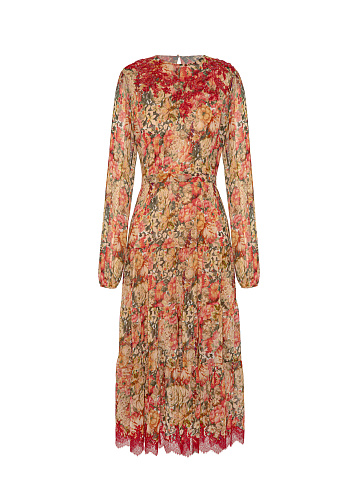 Beige Floral Chiffon Midi Dress, 1