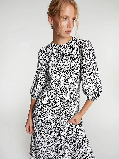 White & Black Printed Lantern Sleeve Midi Dress, 5