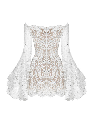 White Lace & Swarovski Crystals Flared Sleeve Mini Dress, 2