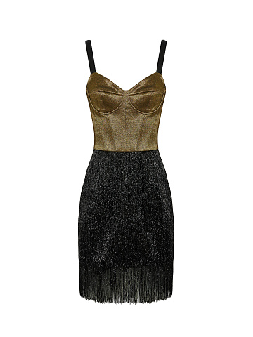 Black & Gold Fringe Trimmed Skirt Mini Dress, 1
