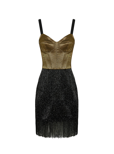 Black & Gold Fringe Trimmed Skirt Mini Dress, 1