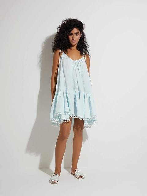 Light Blue Open Back Muslin Mini Dress, 4