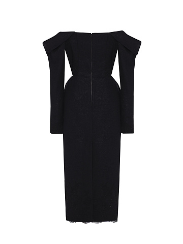 Black Lace Trim Lurex Wool Midi Dress, 2