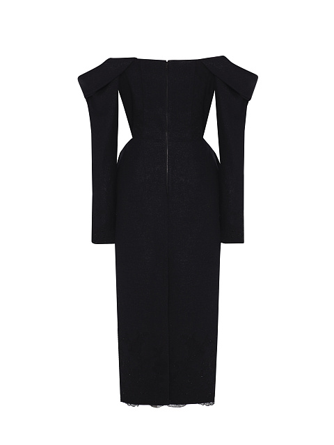 Black Lace Trim Lurex Wool Midi Dress, 2