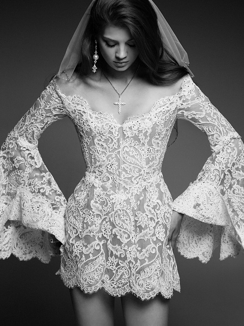 White Lace & Swarovski Crystals Flared Sleeve Mini Dress, 6