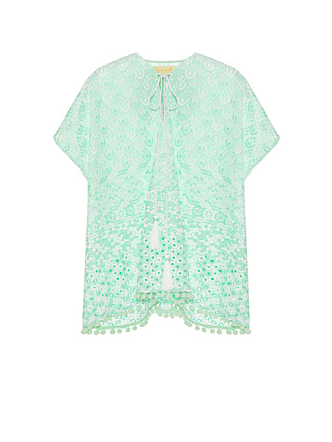 Kid's Green Pompon Trim Cotton Tunic Dress, 1