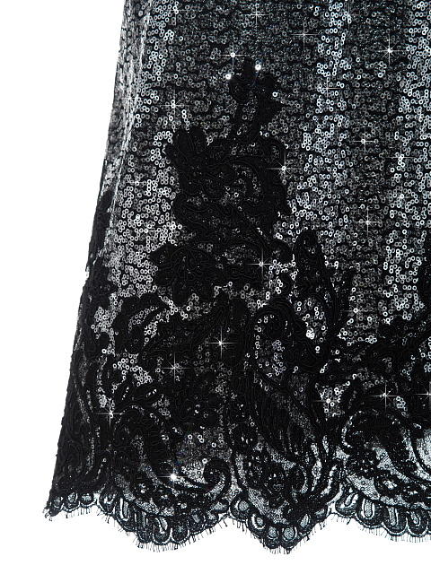 Silver Sequin Lace & Mink Fur Trim Midi Dress, 4
