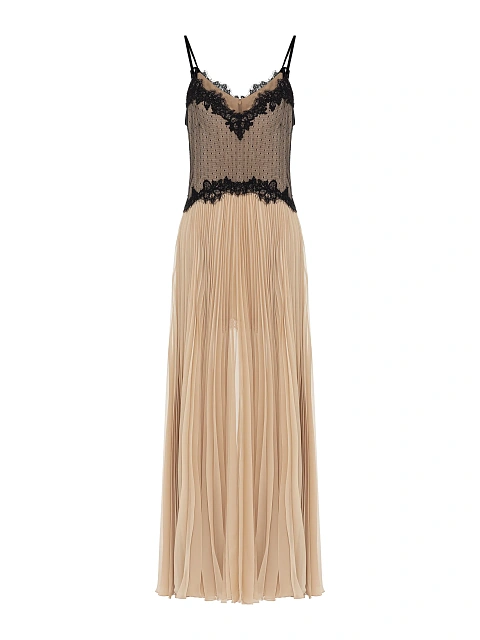 Beige Lace & Plisse Chiffon Midi Dress, 1