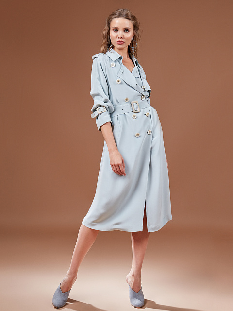 Light Blue Silk Double-breasted Trench Coat , 5