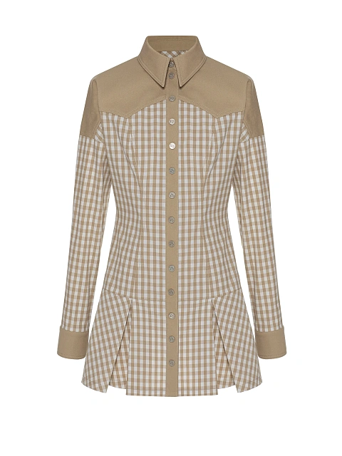 Beige Checked Linen And Denim Dress, 1