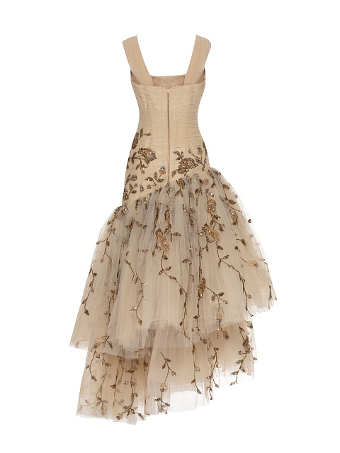 Beige Asymmetric Embroidered Mesh Maxi Dress, 3