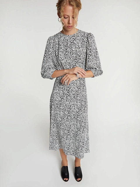 White & Black Printed Lantern Sleeve Midi Dress, 7