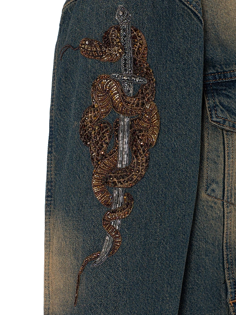 Blue & Beige Beaded Denim Jacket, 4